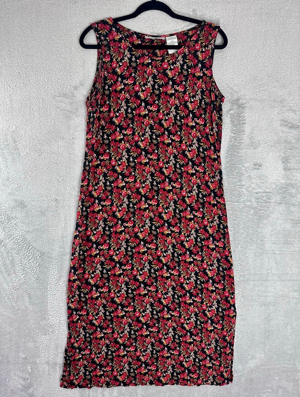 Vtg 90s Y2K Black Red Floral Midi Dress Size 14 Grunge Boho Whimsigoth Prairie